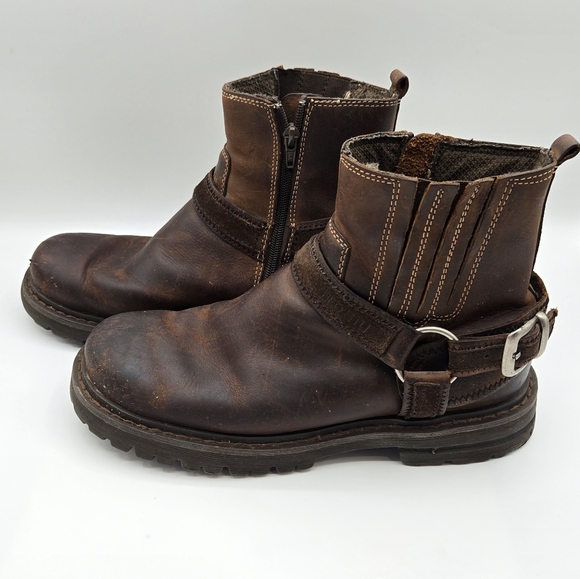 Bed Stu | Men's Brown Distressed Harness Buckle Zip Up Leather Ankle Biker Boots - Picture 4 of 12